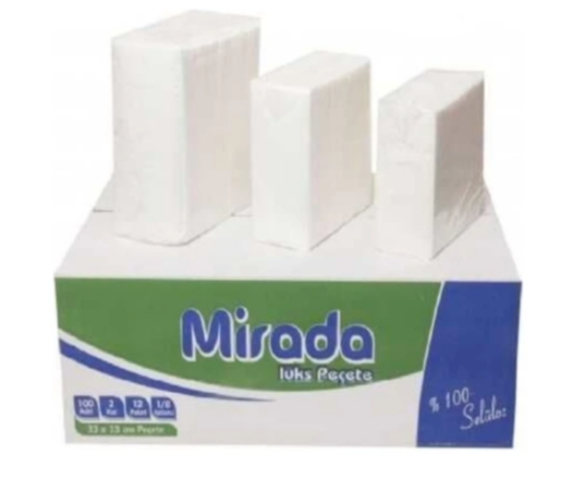 Mirada Garson Katlama Servis Peçetesi 33x33 İki Katlı 100 Adet 12 Paket | Hijyenik ve Ekonomik