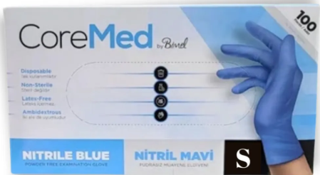 Coremed Pudrasız Nitril Muayene Eldiveni S Beden Mavi – 100’lü Kutu