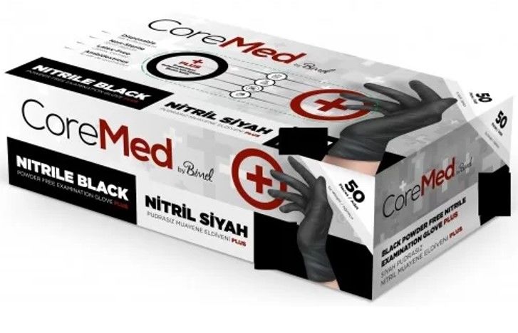 Coremed Plus Pudrasız Nitril Muayene Eldiveni L Beden Siyah – 50’li Kutu
