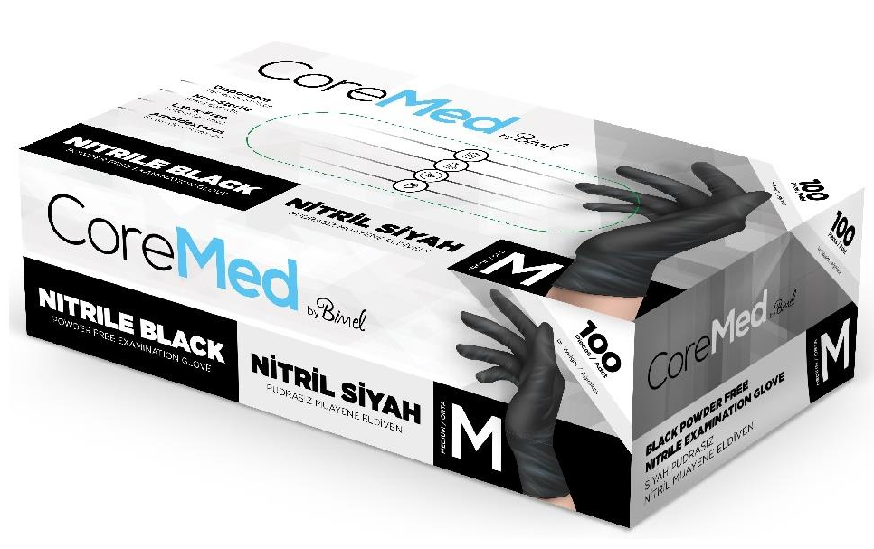 Coremed Pudrasız Nitril Muayene Eldiveni M Beden Siyah  – 100’lü Kutu