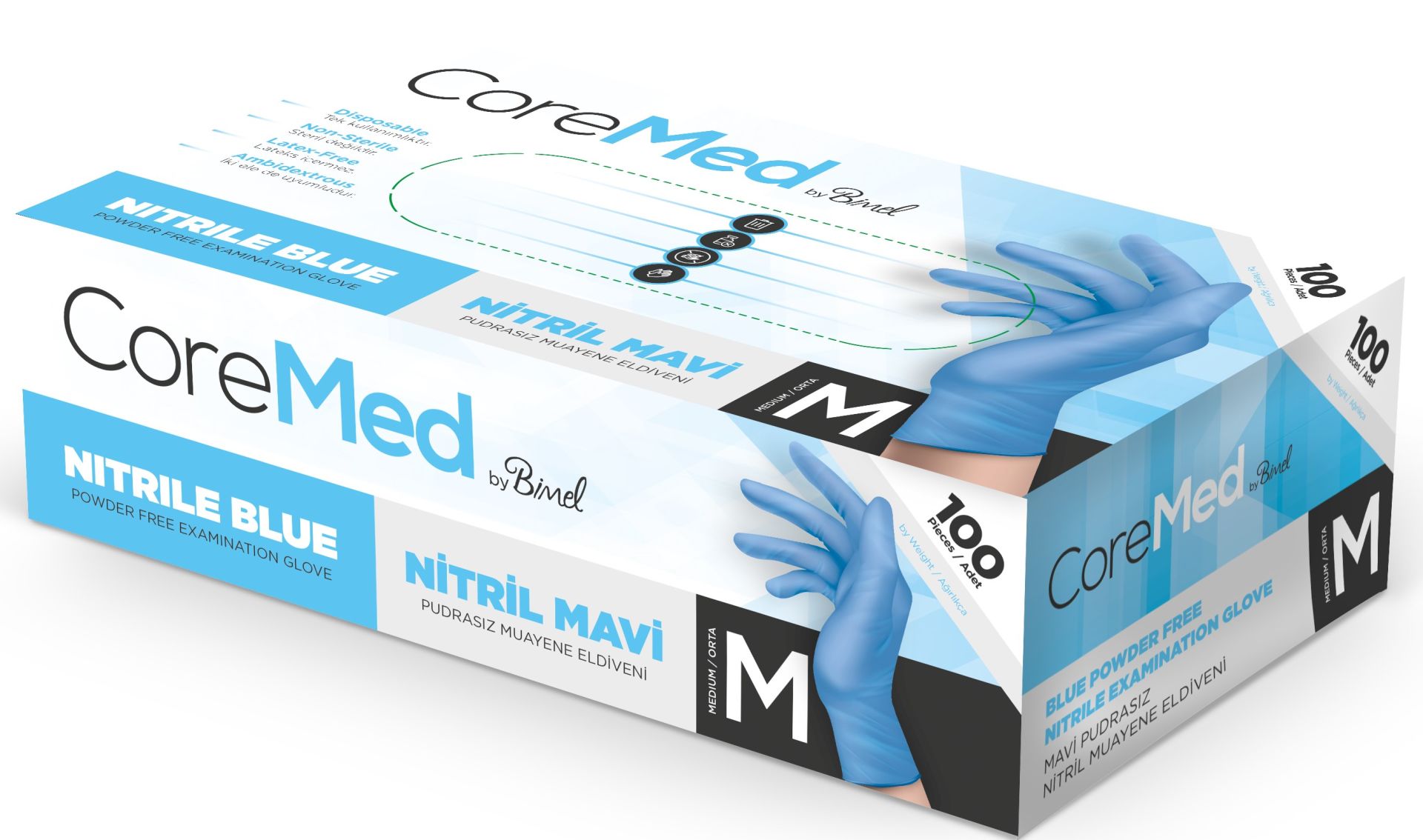 Coremed Pudrasız Nitril Muayene Eldiveni M Beden Mavi - 100’lü Kutu