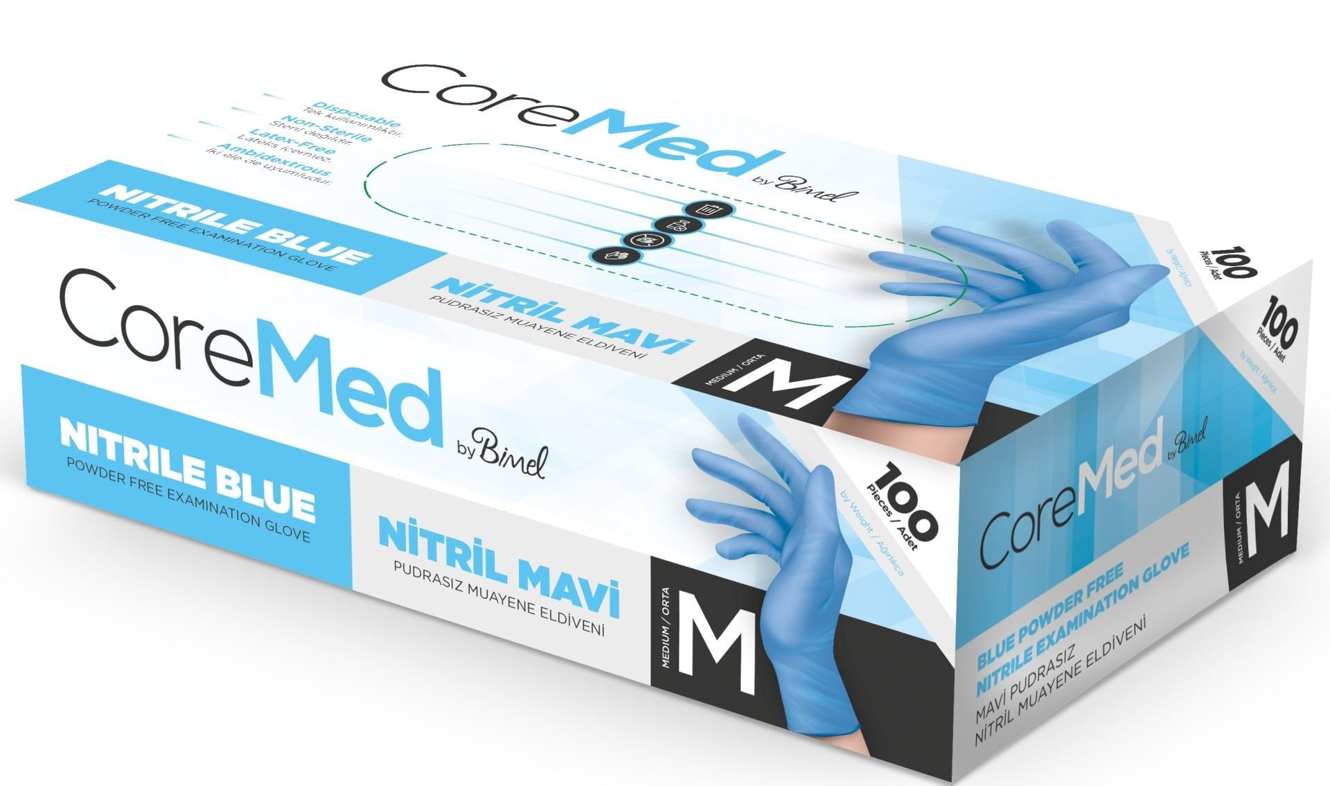 Coremed Nitril Muayene Eldiveni M Beden Mavi Pudrasız 100’lü Kutu