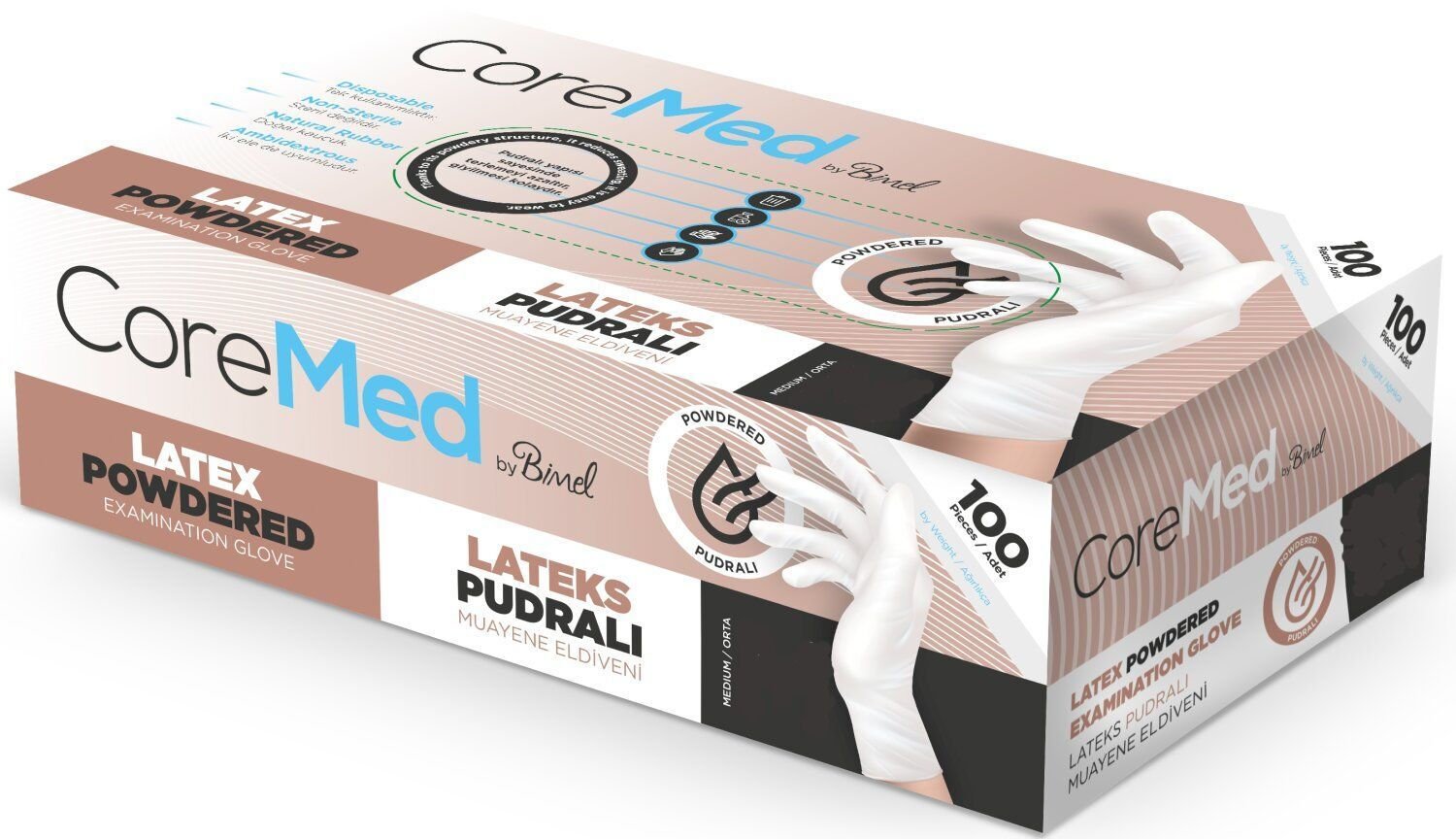 Coremed Pudralı Lateks Muayene Eldiveni L Beden 100’lü Kutu