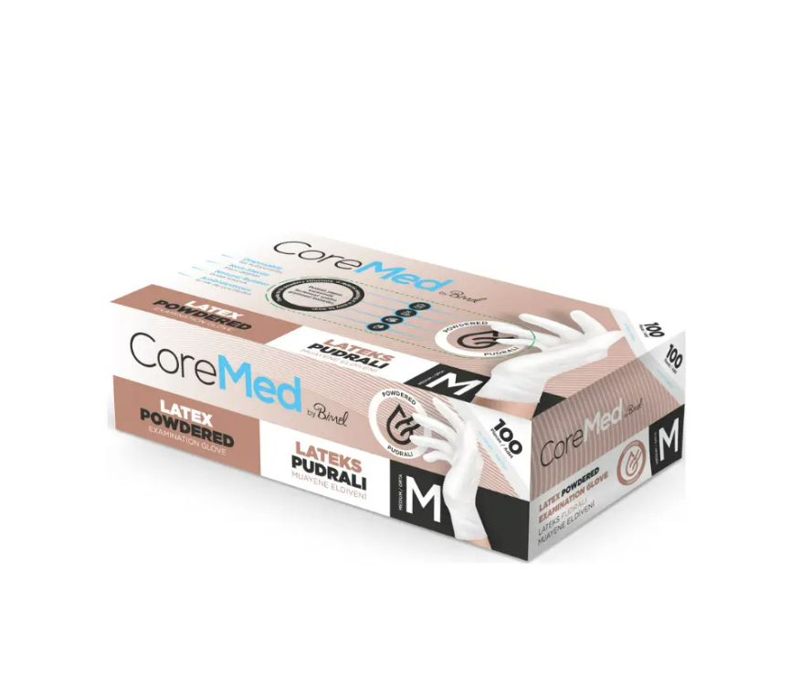 Coremed Pudralı Lateks Muayene Eldiveni M Beden – 100’lü Kutu
